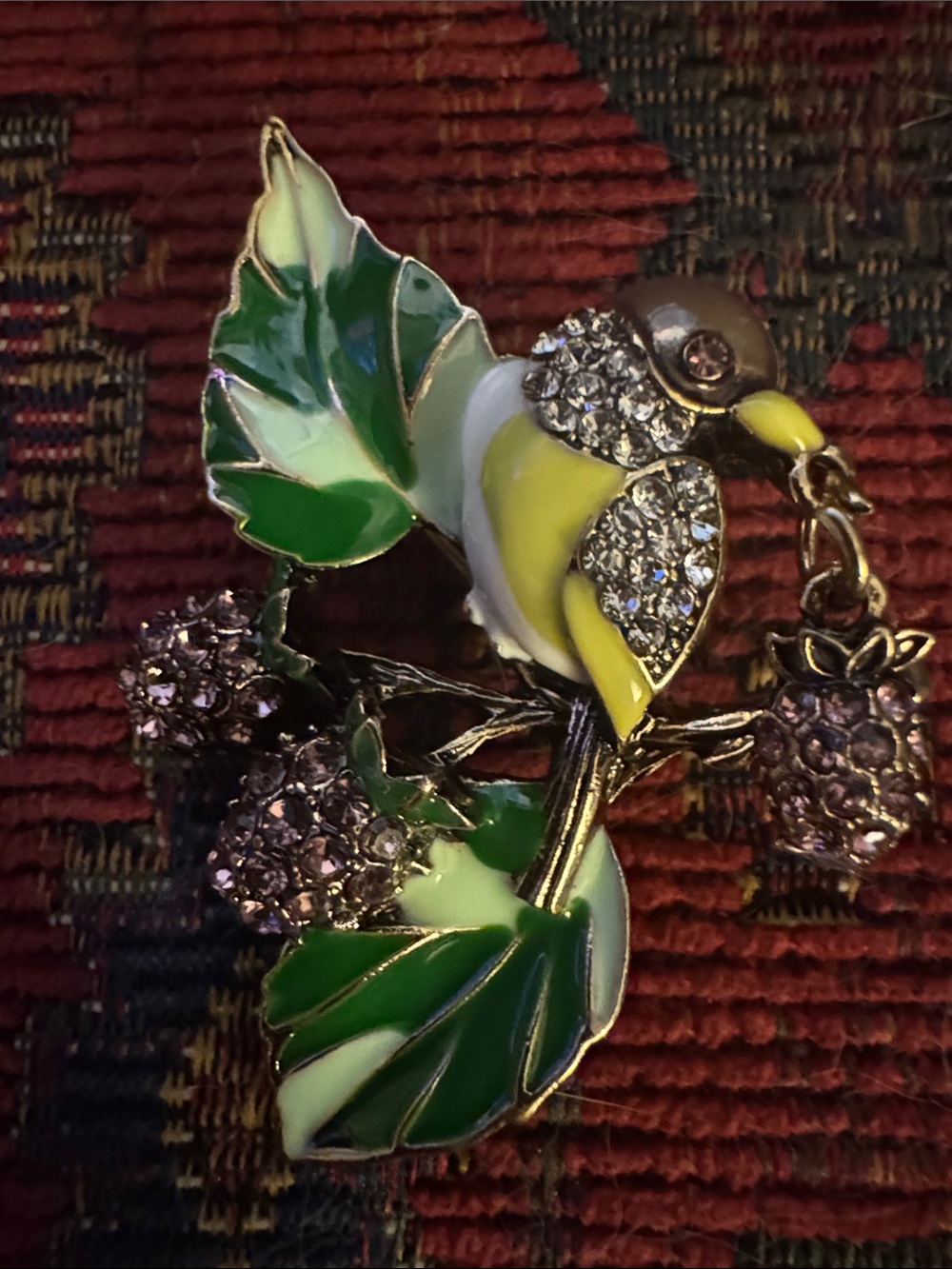 NWOT Crystal and Enamel Yellow Bird Brooch with Green Leaves - Women Jewelry